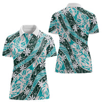 Cyan Tahiti Tiare Monstera Women Polo Shirt Polynesian Pattern Curve Style - Polynesian Pride
