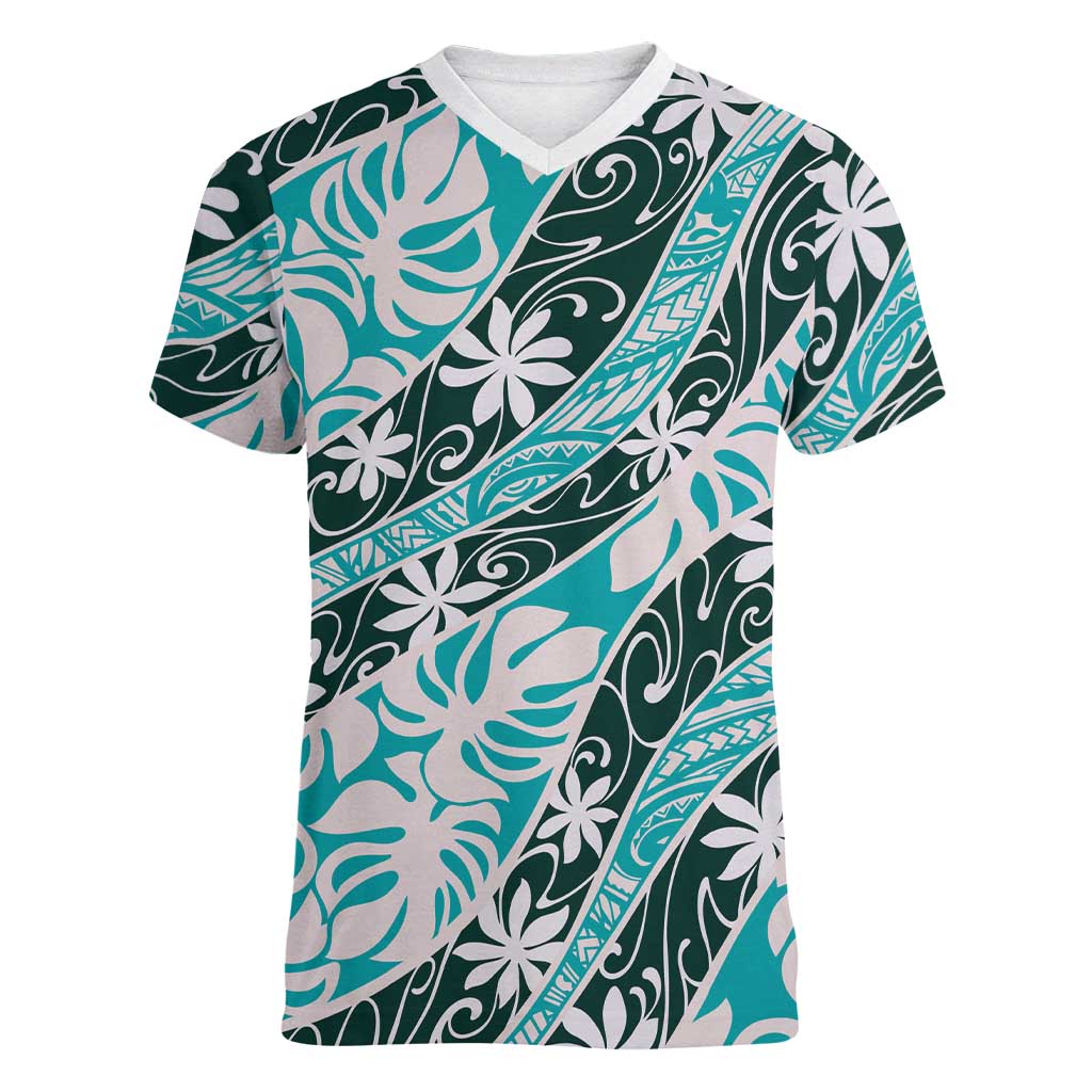 Cyan Tahiti Tiare Monstera Women V-Neck T-Shirt Polynesian Pattern Curve Style - Polynesian Pride