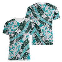 Cyan Tahiti Tiare Monstera Women V-Neck T-Shirt Polynesian Pattern Curve Style - Polynesian Pride