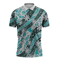 Cyan Tahiti Tiare Monstera Zipper Polo Shirt Polynesian Pattern Curve Style - Polynesian Pride