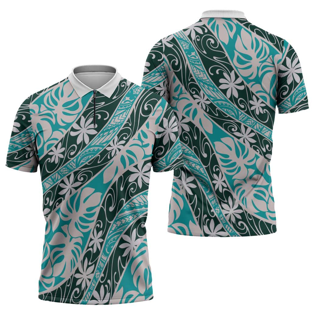 Cyan Tahiti Tiare Monstera Zipper Polo Shirt Polynesian Pattern Curve Style - Polynesian Pride