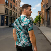 Cyan Tahiti Tiare Monstera Zipper Polo Shirt Polynesian Pattern Curve Style - Polynesian Pride