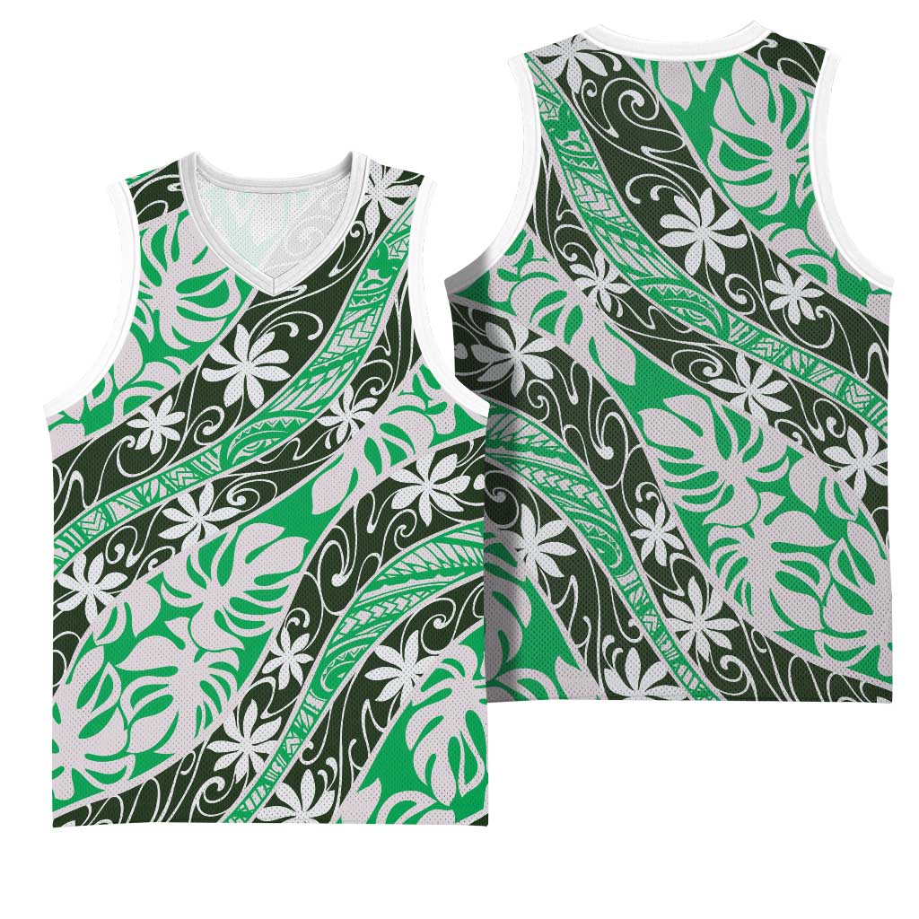 Matie Tahiti Tiare Monstera Basketball Jersey Polynesian Pattern Curve Style LT01 - Polynesian Pride