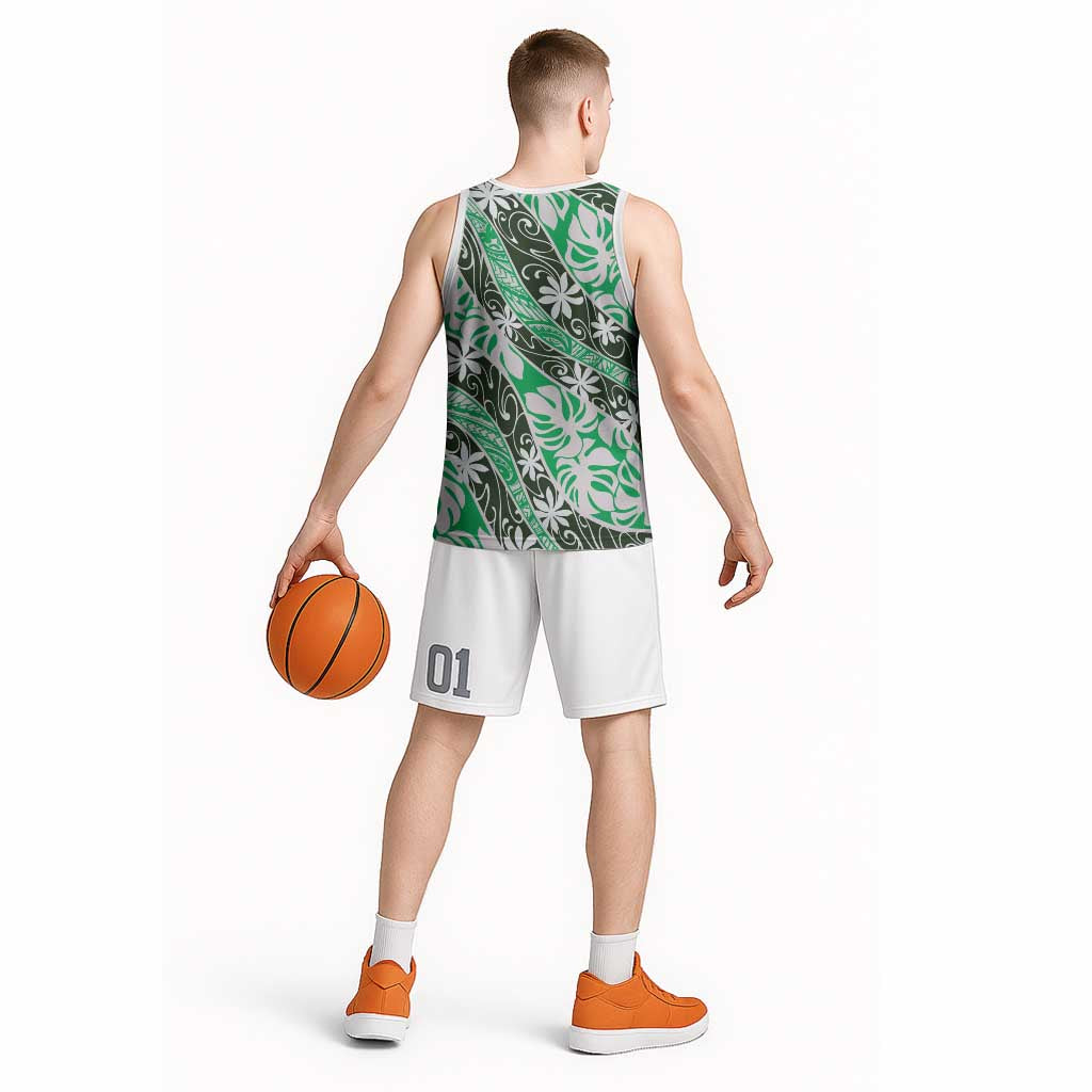 Matie Tahiti Tiare Monstera Basketball Jersey Polynesian Pattern Curve Style LT01 - Polynesian Pride