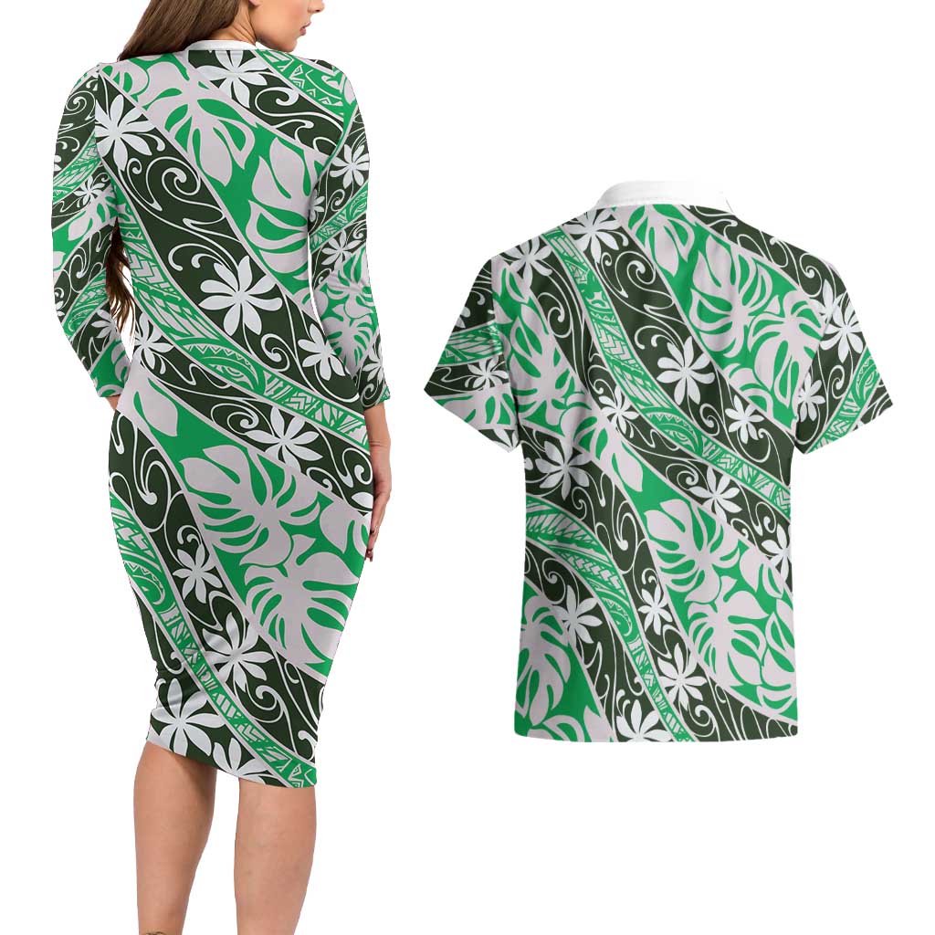 Matie Tahiti Tiare Monstera Couples Matching Long Sleeve Bodycon Dress and Hawaiian Shirt Polynesian Pattern Curve Style - Polynesian Pride