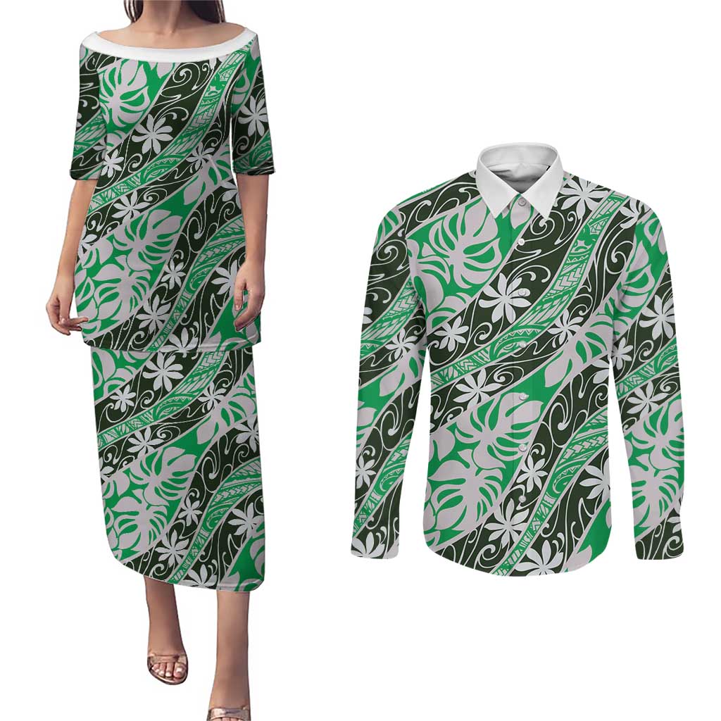 Matie Tahiti Tiare Monstera Couples Matching Puletasi and Long Sleeve Button Shirt Polynesian Pattern Curve Style - Polynesian Pride
