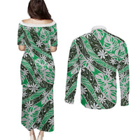 Matie Tahiti Tiare Monstera Couples Matching Puletasi and Long Sleeve Button Shirt Polynesian Pattern Curve Style - Polynesian Pride