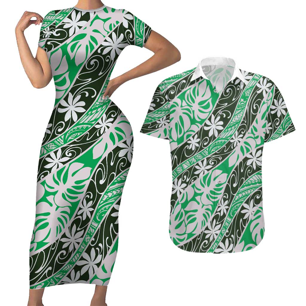Matie Tahiti Tiare Monstera Couples Matching Short Sleeve Bodycon Dress and Hawaiian Shirt Polynesian Pattern Curve Style - Polynesian Pride