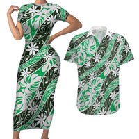 Matie Tahiti Tiare Monstera Couples Matching Short Sleeve Bodycon Dress and Hawaiian Shirt Polynesian Pattern Curve Style - Polynesian Pride