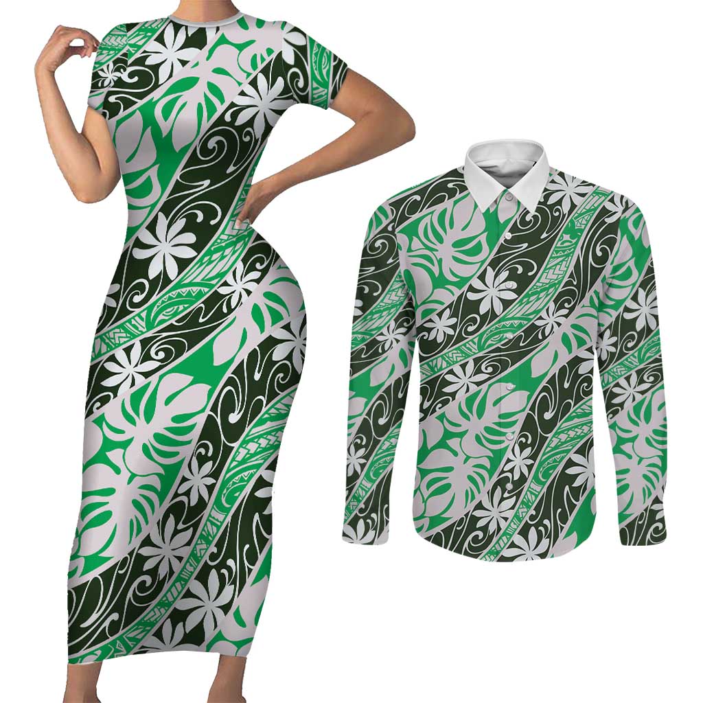 Matie Tahiti Tiare Monstera Couples Matching Short Sleeve Bodycon Dress and Long Sleeve Button Shirt Polynesian Pattern Curve Style - Polynesian Pride