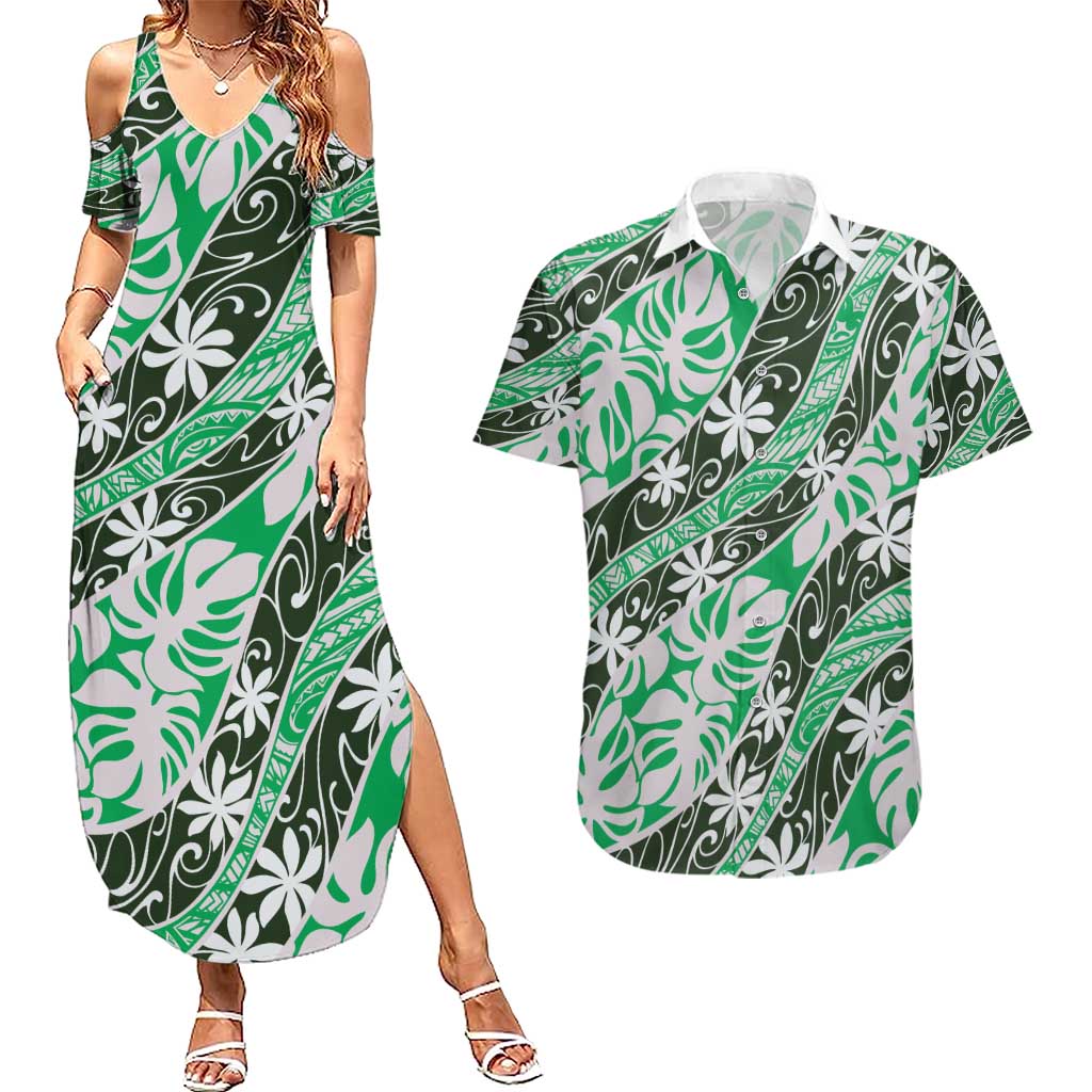 Matie Tahiti Tiare Monstera Couples Matching Summer Maxi Dress and Hawaiian Shirt Polynesian Pattern Curve Style - Polynesian Pride