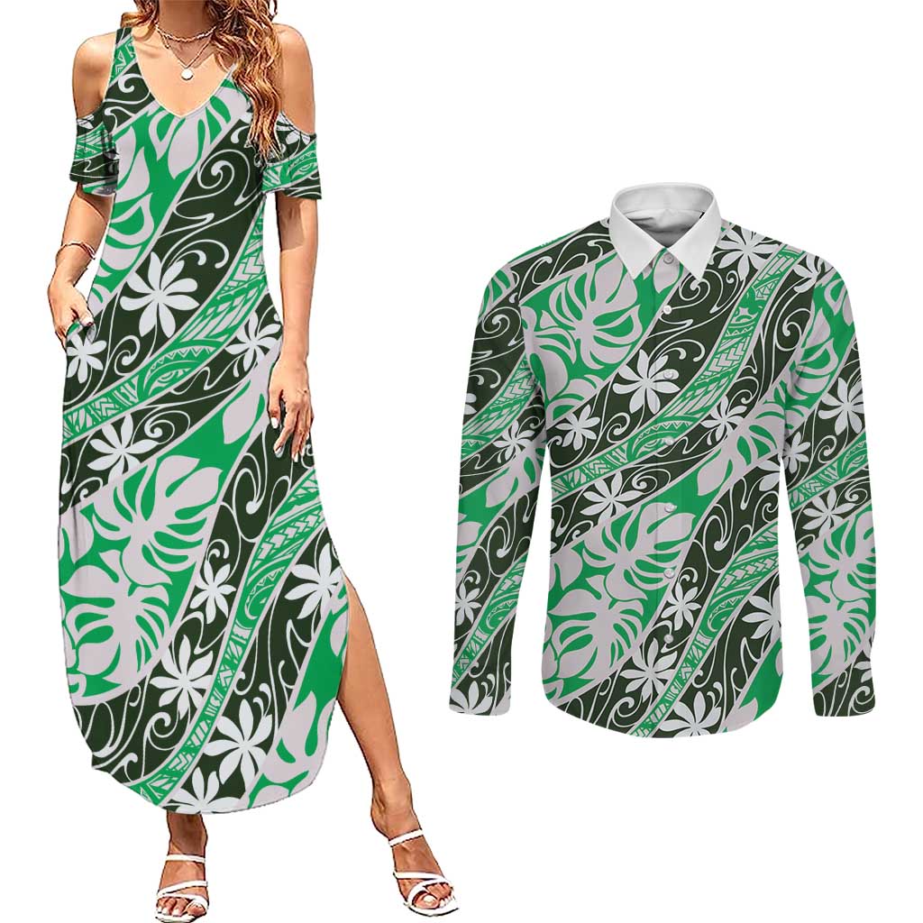 Matie Tahiti Tiare Monstera Couples Matching Summer Maxi Dress and Long Sleeve Button Shirt Polynesian Pattern Curve Style - Polynesian Pride