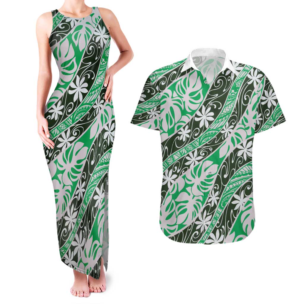 Matie Tahiti Tiare Monstera Couples Matching Tank Maxi Dress and Hawaiian Shirt Polynesian Pattern Curve Style - Polynesian Pride