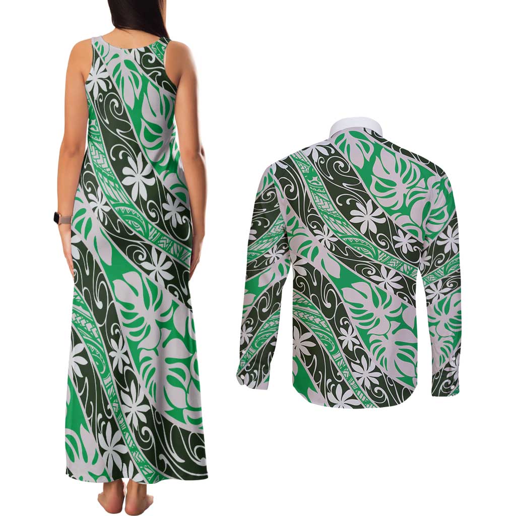 Matie Tahiti Tiare Monstera Couples Matching Tank Maxi Dress and Long Sleeve Button Shirt Polynesian Pattern Curve Style - Polynesian Pride