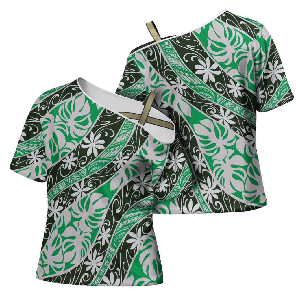Matie Tahiti Tiare Monstera Cross Shoulder Shirt Polynesian Pattern Curve Style - Polynesian Pride