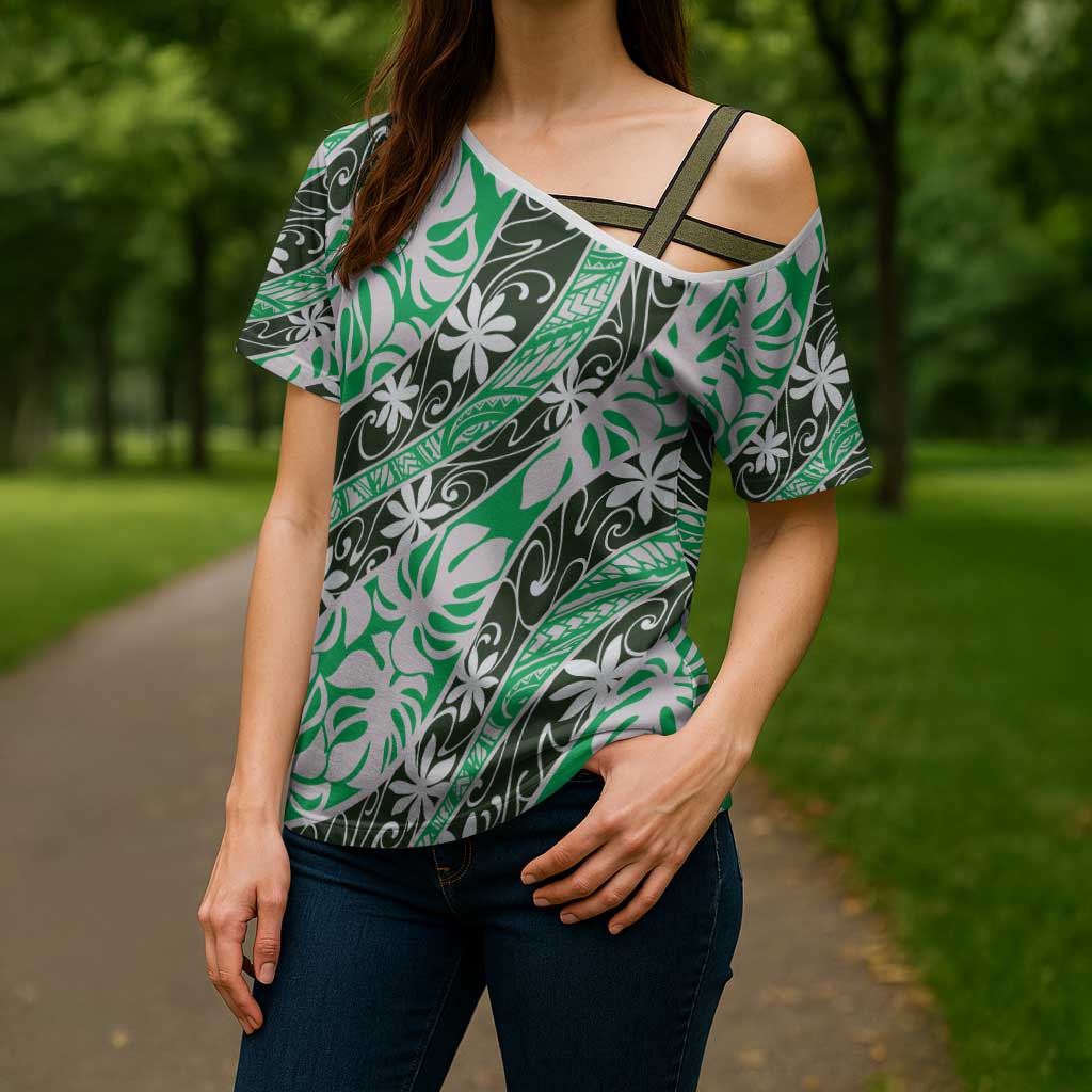 Matie Tahiti Tiare Monstera Cross Shoulder Shirt Polynesian Pattern Curve Style - Polynesian Pride