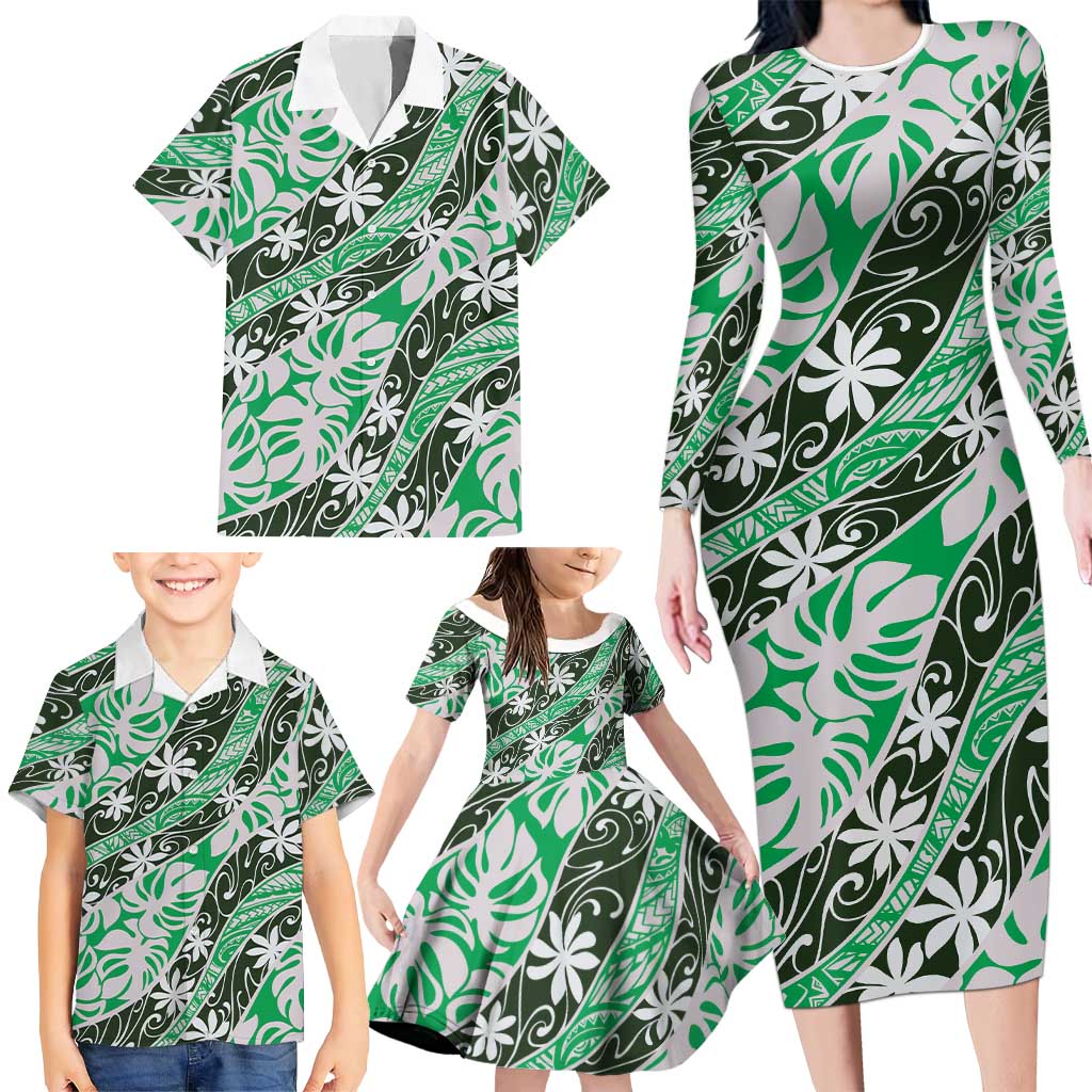 Matie Tahiti Tiare Monstera Family Matching Long Sleeve Bodycon Dress and Hawaiian Shirt Polynesian Pattern Curve Style LT01 - Polynesian Pride