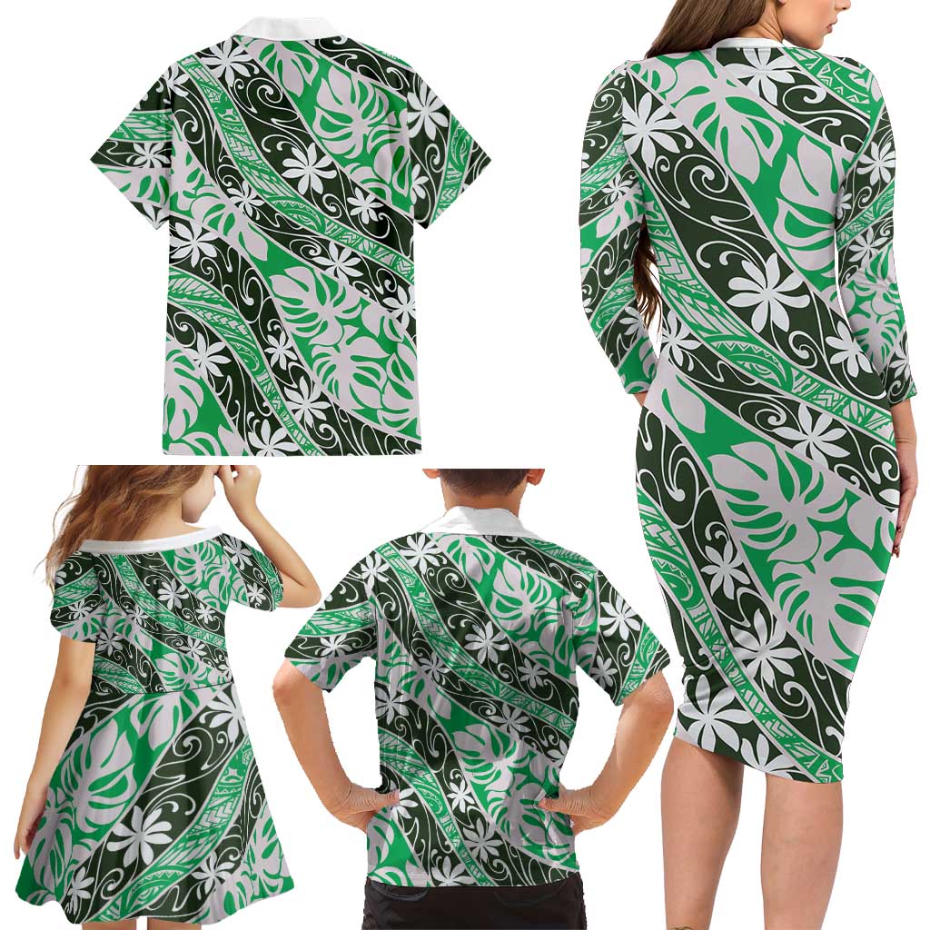 Matie Tahiti Tiare Monstera Family Matching Long Sleeve Bodycon Dress and Hawaiian Shirt Polynesian Pattern Curve Style LT01 - Polynesian Pride