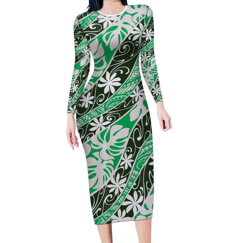 Matie Tahiti Tiare Monstera Family Matching Long Sleeve Bodycon Dress and Hawaiian Shirt Polynesian Pattern Curve Style LT01 Mom's Dress Green - Polynesian Pride