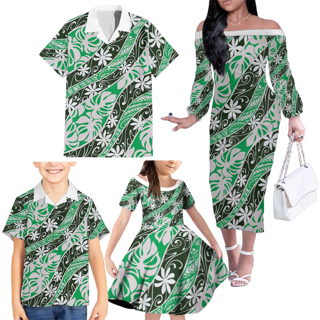 Matie Tahiti Tiare Monstera Family Matching Off The Shoulder Long Sleeve Dress and Hawaiian Shirt Polynesian Pattern Curve Style - Polynesian Pride