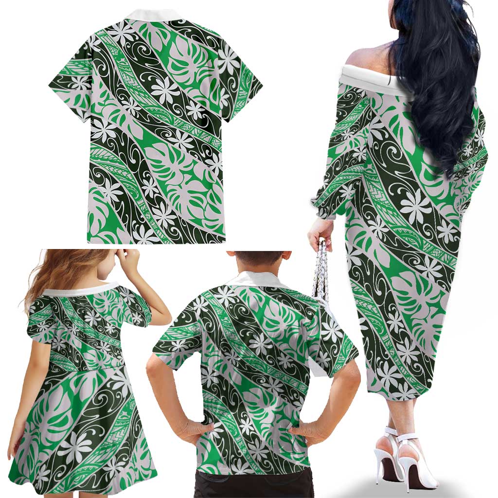 Matie Tahiti Tiare Monstera Family Matching Off The Shoulder Long Sleeve Dress and Hawaiian Shirt Polynesian Pattern Curve Style LT01 - Polynesian Pride