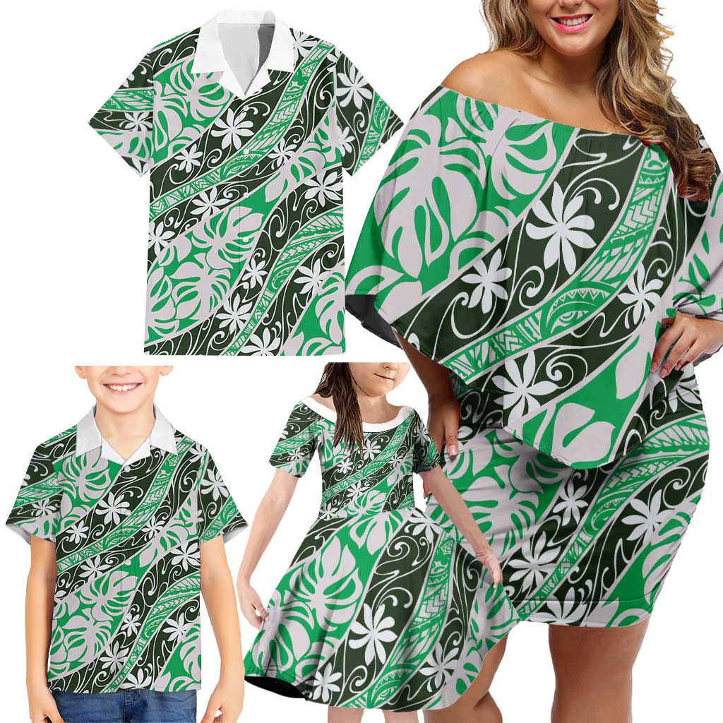 Matie Tahiti Tiare Monstera Family Matching Off Shoulder Short Dress and Hawaiian Shirt Polynesian Pattern Curve Style - Polynesian Pride