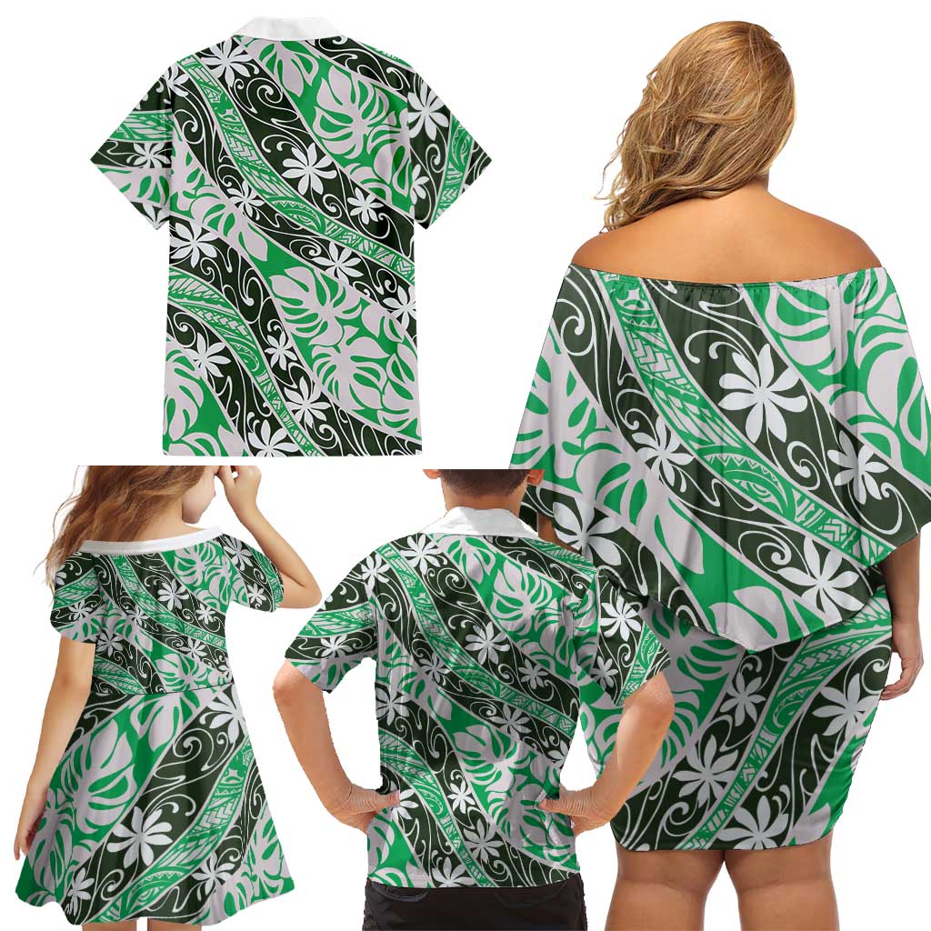 Matie Tahiti Tiare Monstera Family Matching Off Shoulder Short Dress and Hawaiian Shirt Polynesian Pattern Curve Style LT01 - Polynesian Pride