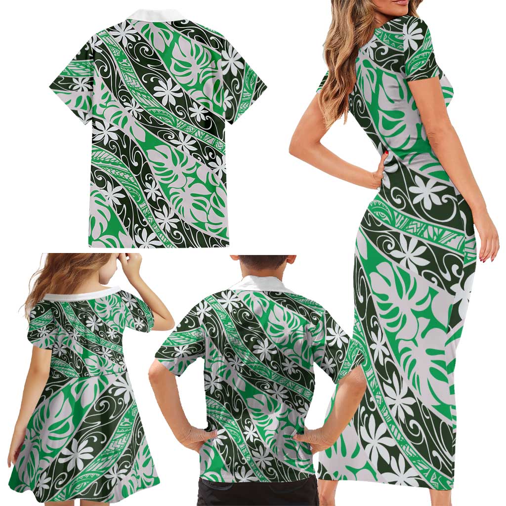 Matie Tahiti Tiare Monstera Family Matching Short Sleeve Bodycon Dress and Hawaiian Shirt Polynesian Pattern Curve Style LT01 - Polynesian Pride