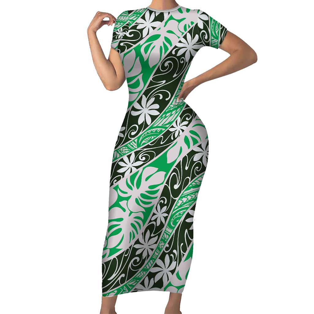 Matie Tahiti Tiare Monstera Family Matching Short Sleeve Bodycon Dress and Hawaiian Shirt Polynesian Pattern Curve Style LT01 Mom's Dress Green - Polynesian Pride