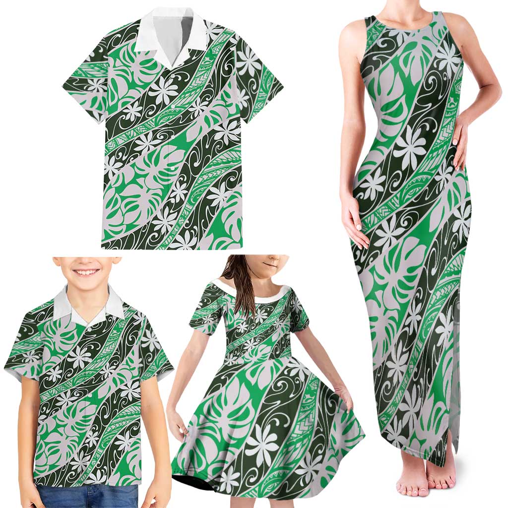 Matie Tahiti Tiare Monstera Family Matching Tank Maxi Dress and Hawaiian Shirt Polynesian Pattern Curve Style LT01 - Polynesian Pride