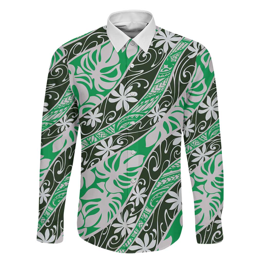 Matie Tahiti Tiare Monstera Family Matching Tank Maxi Dress and Hawaiian Shirt Polynesian Pattern Curve Style LT01 Dad's Shirt - Long Sleeve Green - Polynesian Pride