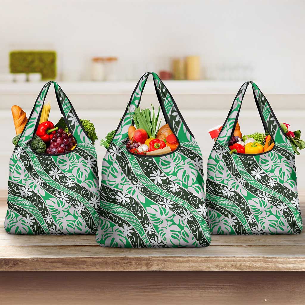Matie Tahiti Tiare Monstera Grocery Bag Polynesian Pattern Curve Style LT01 3-pack One Size Green - Polynesian Pride