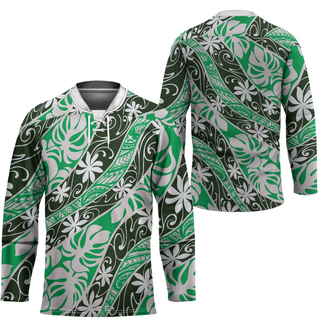 Matie Tahiti Tiare Monstera Hockey Jersey Polynesian Pattern Curve Style - Polynesian Pride