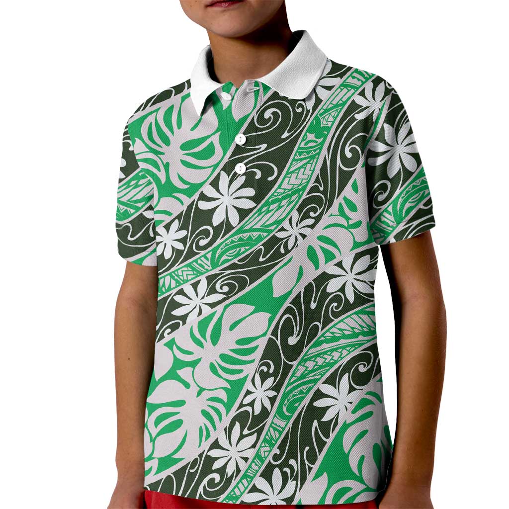 Matie Tahiti Tiare Monstera Kid Polo Shirt Polynesian Pattern Curve Style - Polynesian Pride