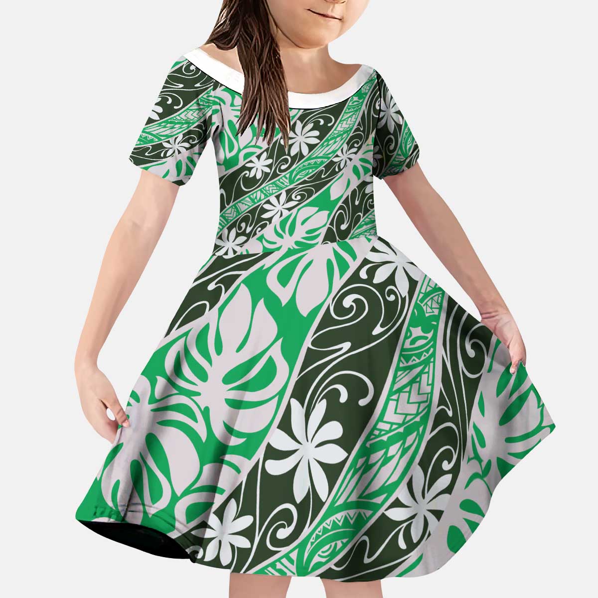 Matie Tahiti Tiare Monstera Kid Short Sleeve Dress Polynesian Pattern Curve Style - Polynesian Pride