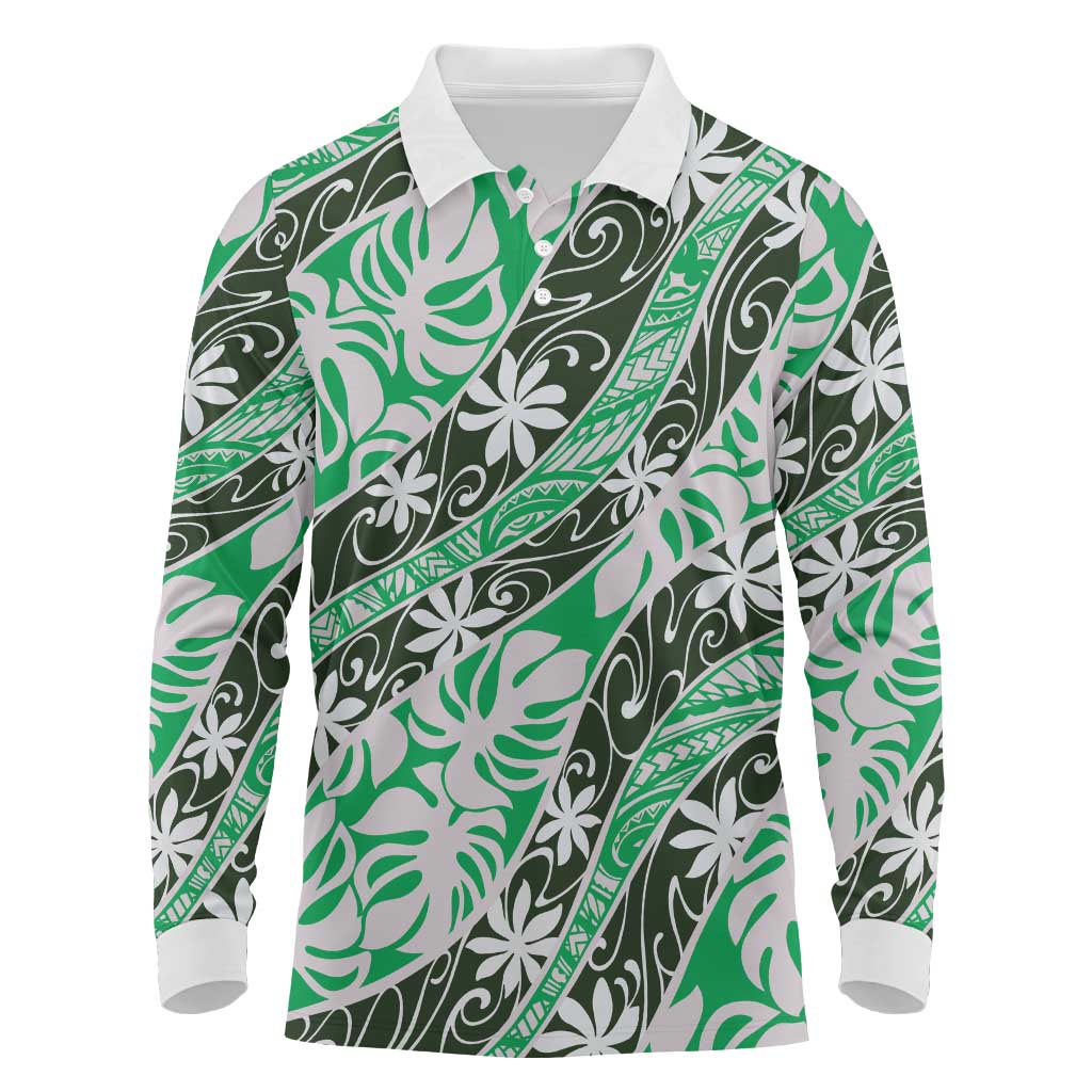 Matie Tahiti Tiare Monstera Long Sleeve Polo Shirt Polynesian Pattern Curve Style LT01 Green - Polynesian Pride