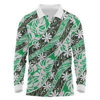 Matie Tahiti Tiare Monstera Long Sleeve Polo Shirt Polynesian Pattern Curve Style LT01 Green - Polynesian Pride