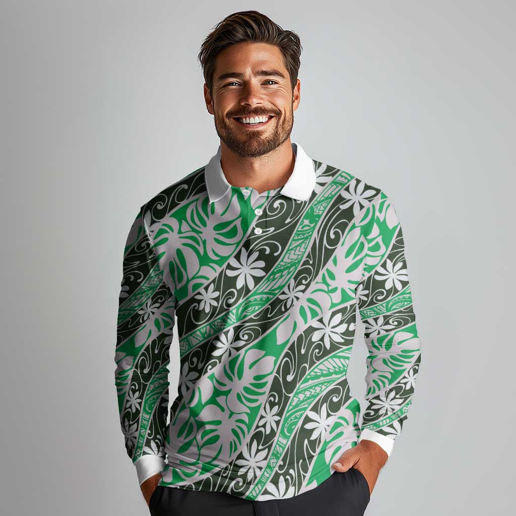 Matie Tahiti Tiare Monstera Long Sleeve Polo Shirt Polynesian Pattern Curve Style LT01 - Polynesian Pride
