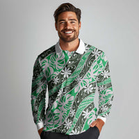 Matie Tahiti Tiare Monstera Long Sleeve Polo Shirt Polynesian Pattern Curve Style LT01 - Polynesian Pride
