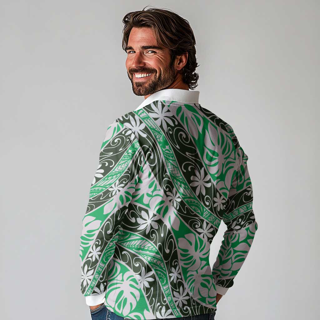 Matie Tahiti Tiare Monstera Long Sleeve Polo Shirt Polynesian Pattern Curve Style LT01 - Polynesian Pride