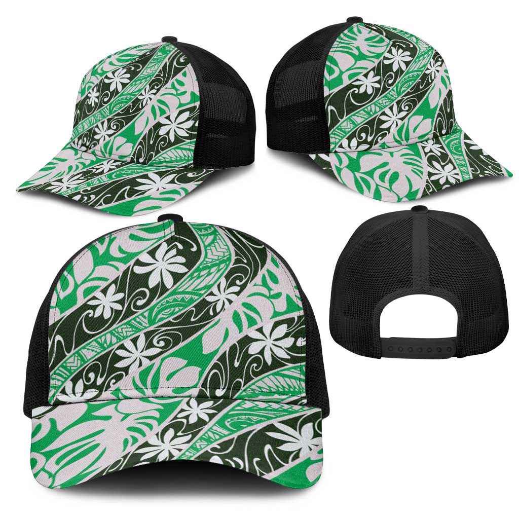 Matie Tahiti Tiare Monstera Mesh Trucker Cap Polynesian Pattern Curve Style - Polynesian Pride
