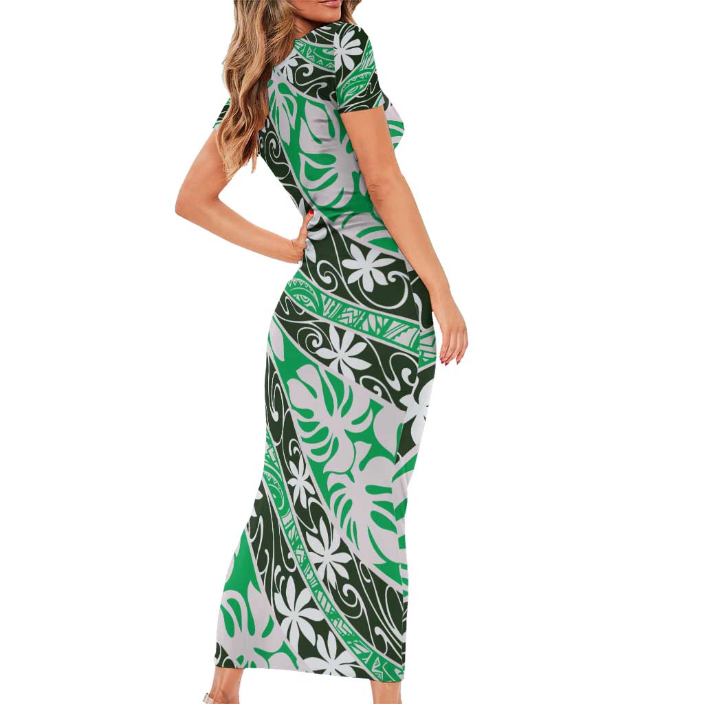 Matie Tahiti Tiare Monstera Short Sleeve Bodycon Dress Polynesian Pattern Curve Style - Polynesian Pride