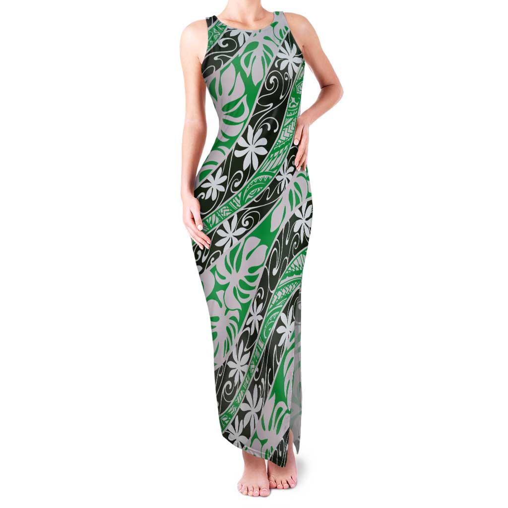 Matie Tahiti Tiare Monstera Tank Maxi Dress Polynesian Pattern Curve Style LT01 Women Green - Polynesian Pride