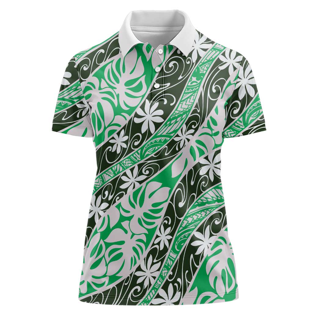 Matie Tahiti Tiare Monstera Women Polo Shirt Polynesian Pattern Curve Style - Polynesian Pride