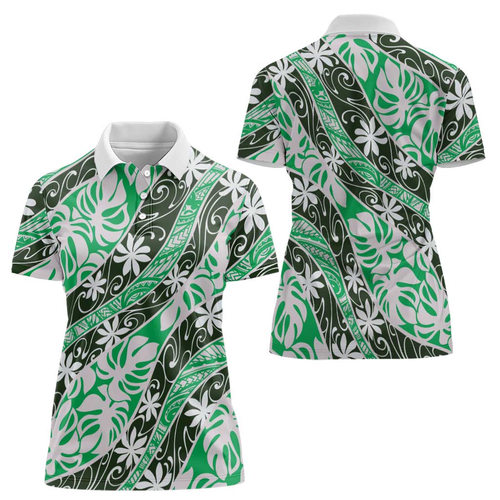 Matie Tahiti Tiare Monstera Women Polo Shirt Polynesian Pattern Curve Style - Polynesian Pride