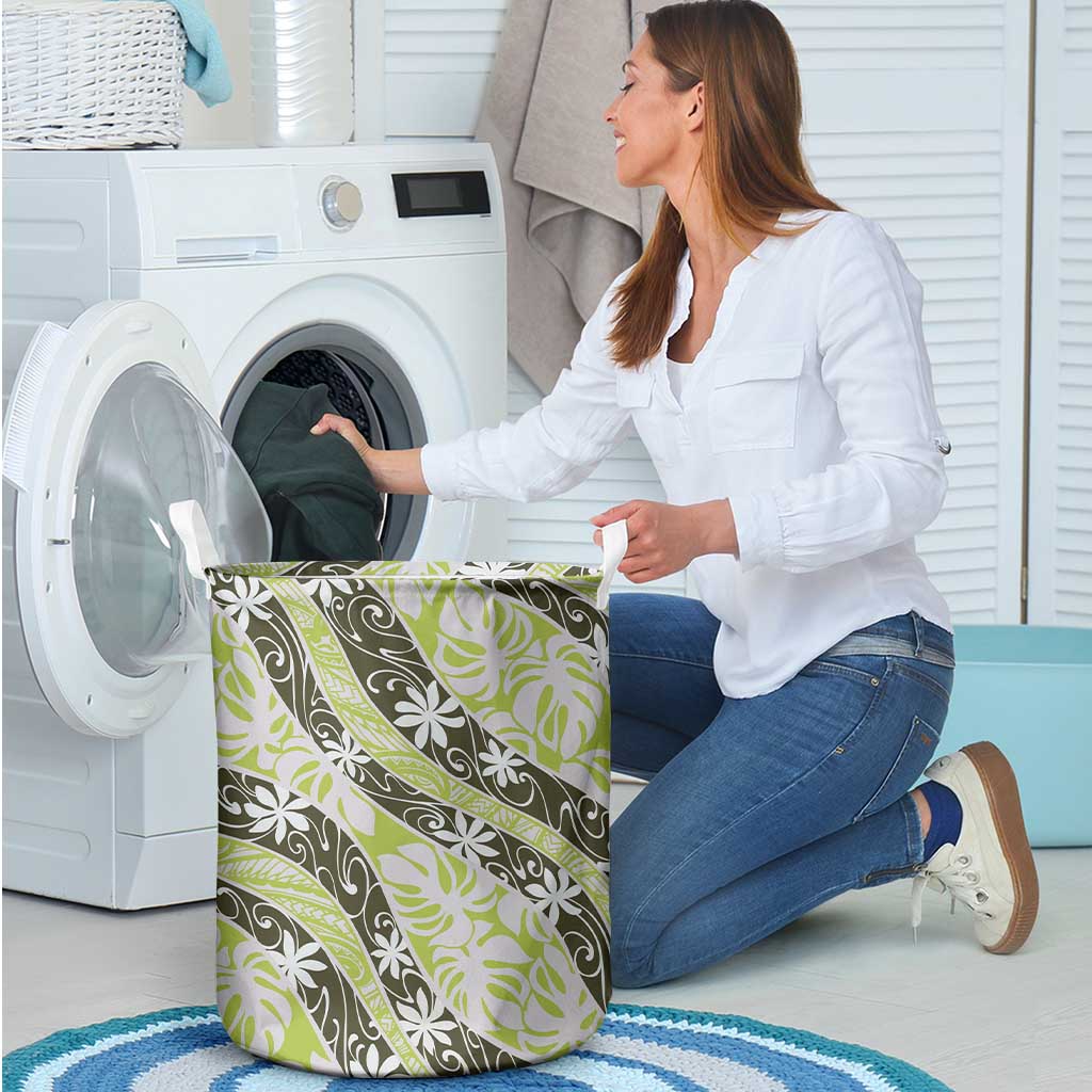 Olive Tahiti Tiare Monstera Laundry Basket Polynesian Pattern Curve Style - Polynesian Pride