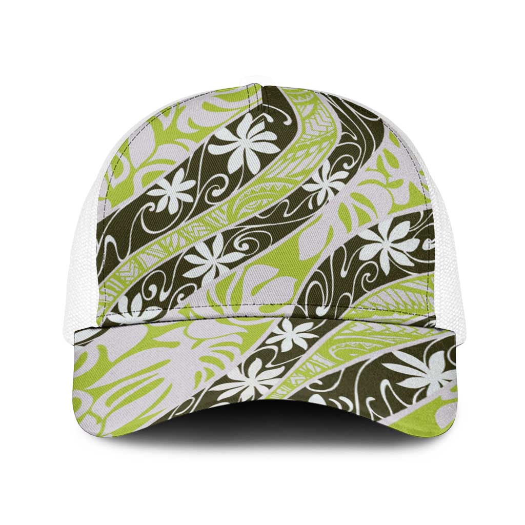 Olive Tahiti Tiare Monstera Baseball Net Cap Polynesian Pattern Curve Style - Polynesian Pride