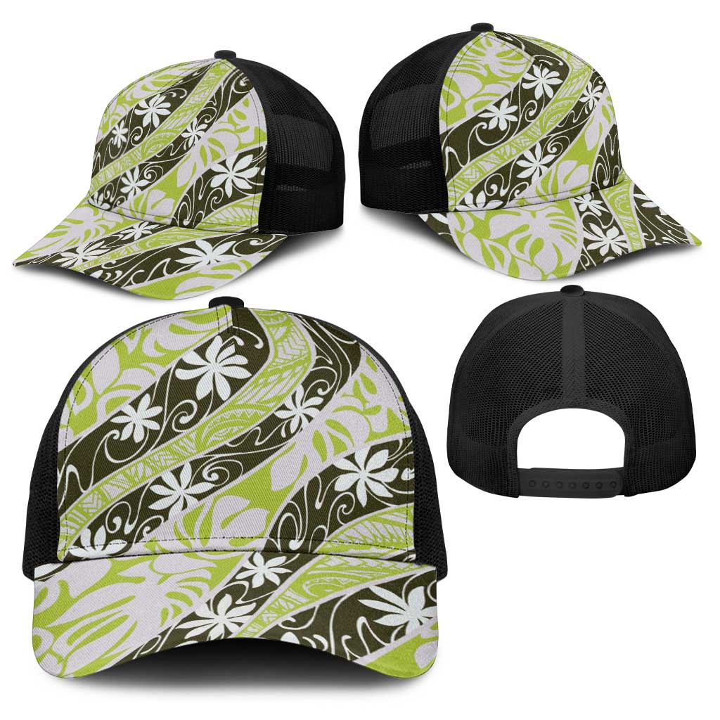 Olive Tahiti Tiare Monstera Baseball Net Cap Polynesian Pattern Curve Style - Polynesian Pride