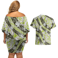 Olive Tahiti Tiare Monstera Couples Matching Off Shoulder Short Dress and Hawaiian Shirt Polynesian Pattern Curve Style - Polynesian Pride
