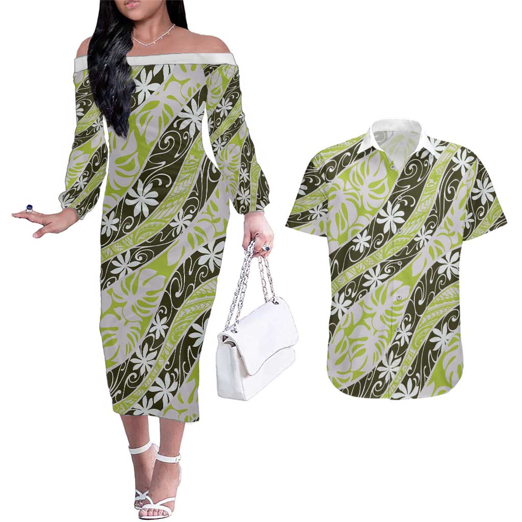 Olive Tahiti Tiare Monstera Couples Matching Off The Shoulder Long Sleeve Dress and Hawaiian Shirt Polynesian Pattern Curve Style - Polynesian Pride